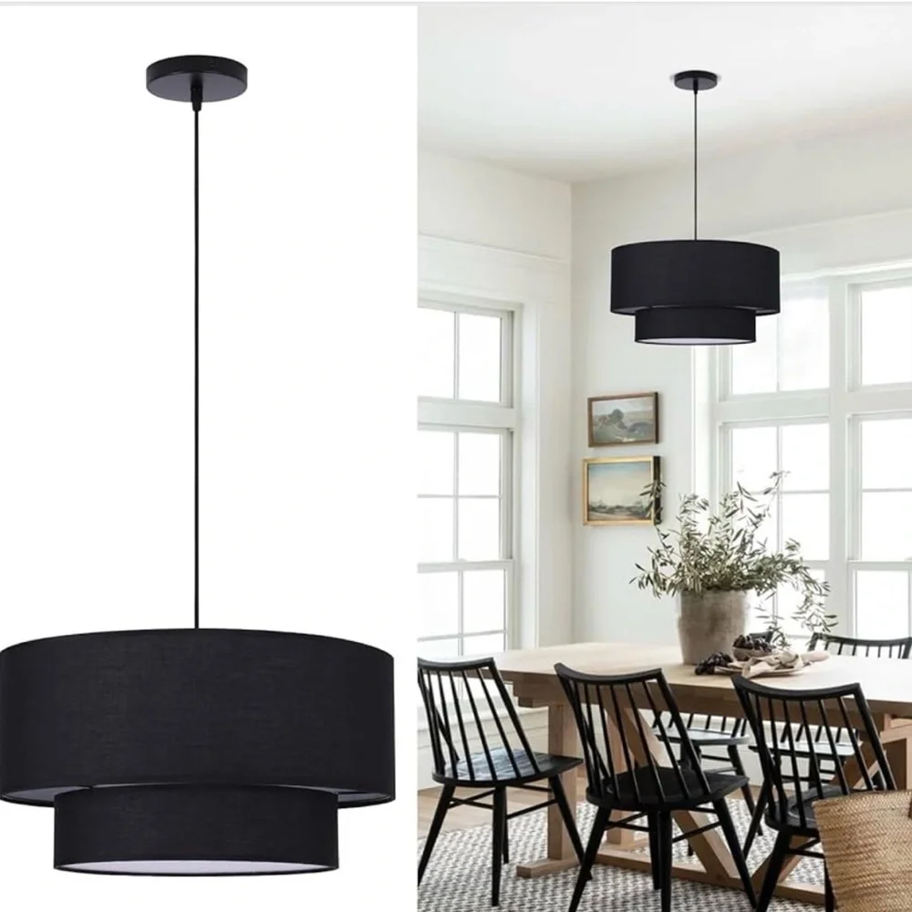 (NEW) 1 MINIMALIST Black Linen Light 18”x10” Modern Chandelier Fixture LIGHTING